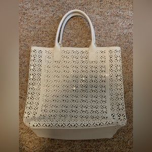 Tory Burch PVC laser cut beach bag tote white